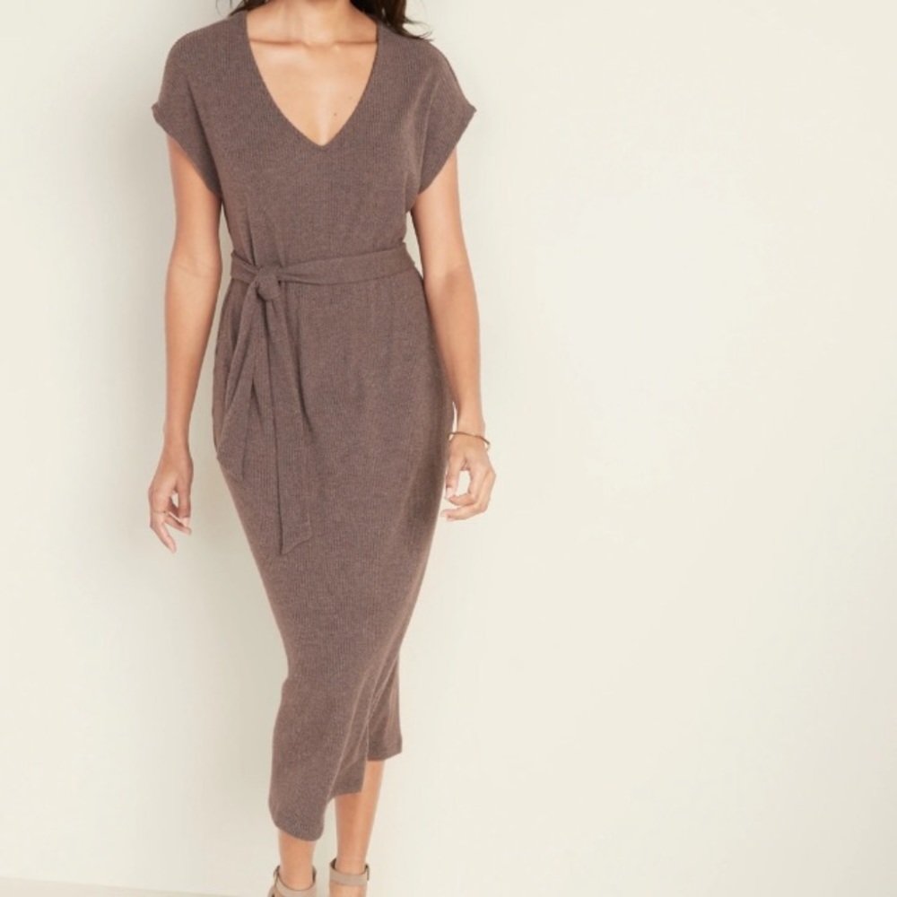 Old Navy Tie-Belt Midi Rib Knit Dress- Tan